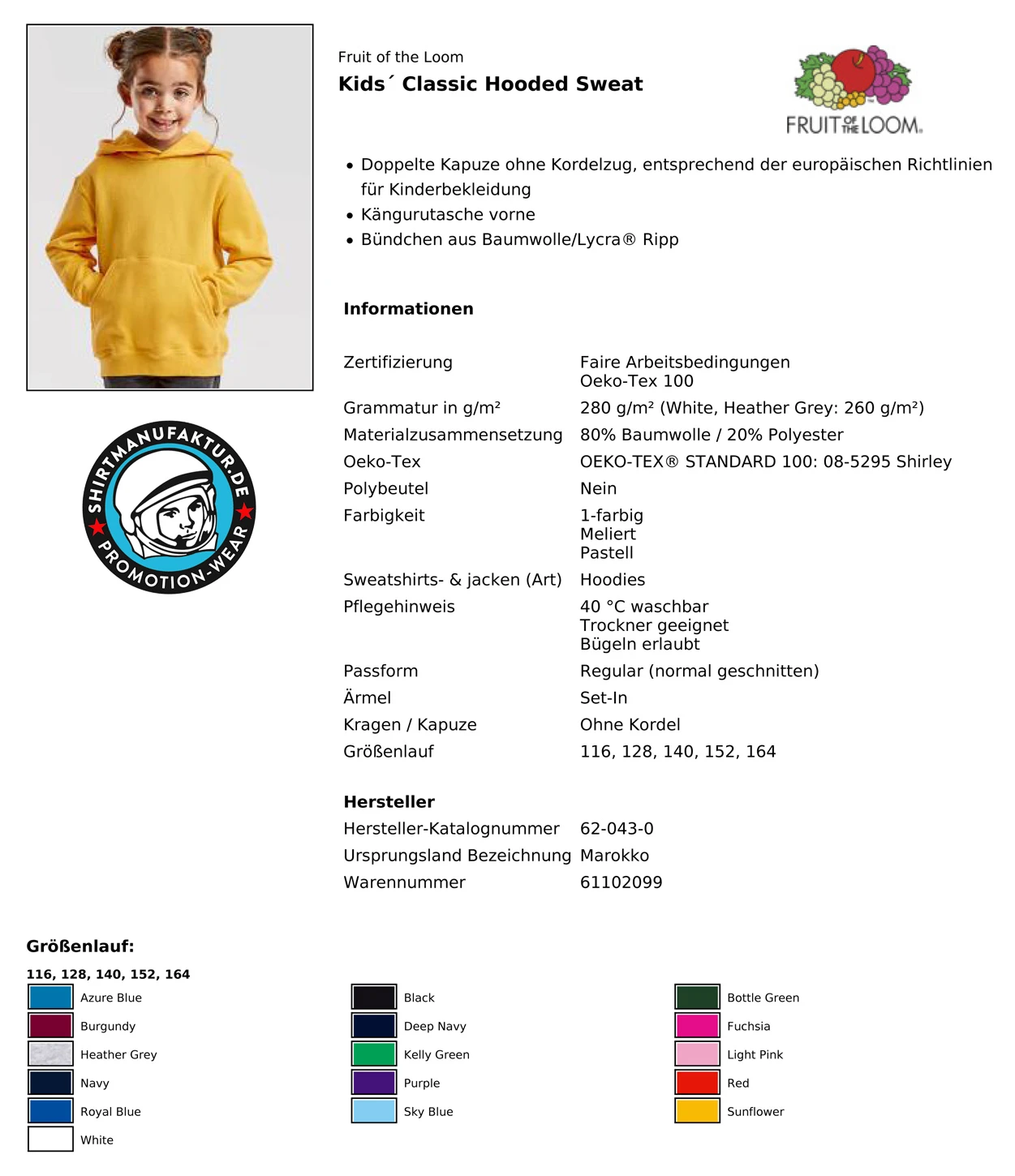 Fruit of the Loom Kids Classic Hooded Sweat