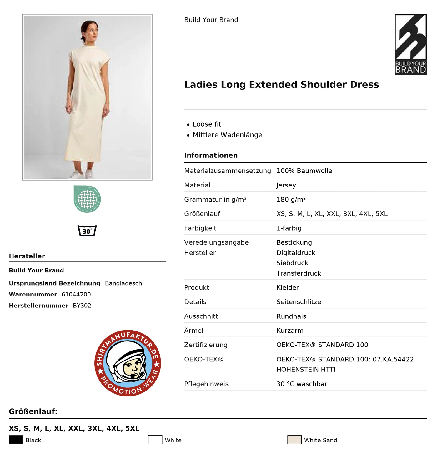 Build Your Brand Ladies Long Extended Shoulder Dress