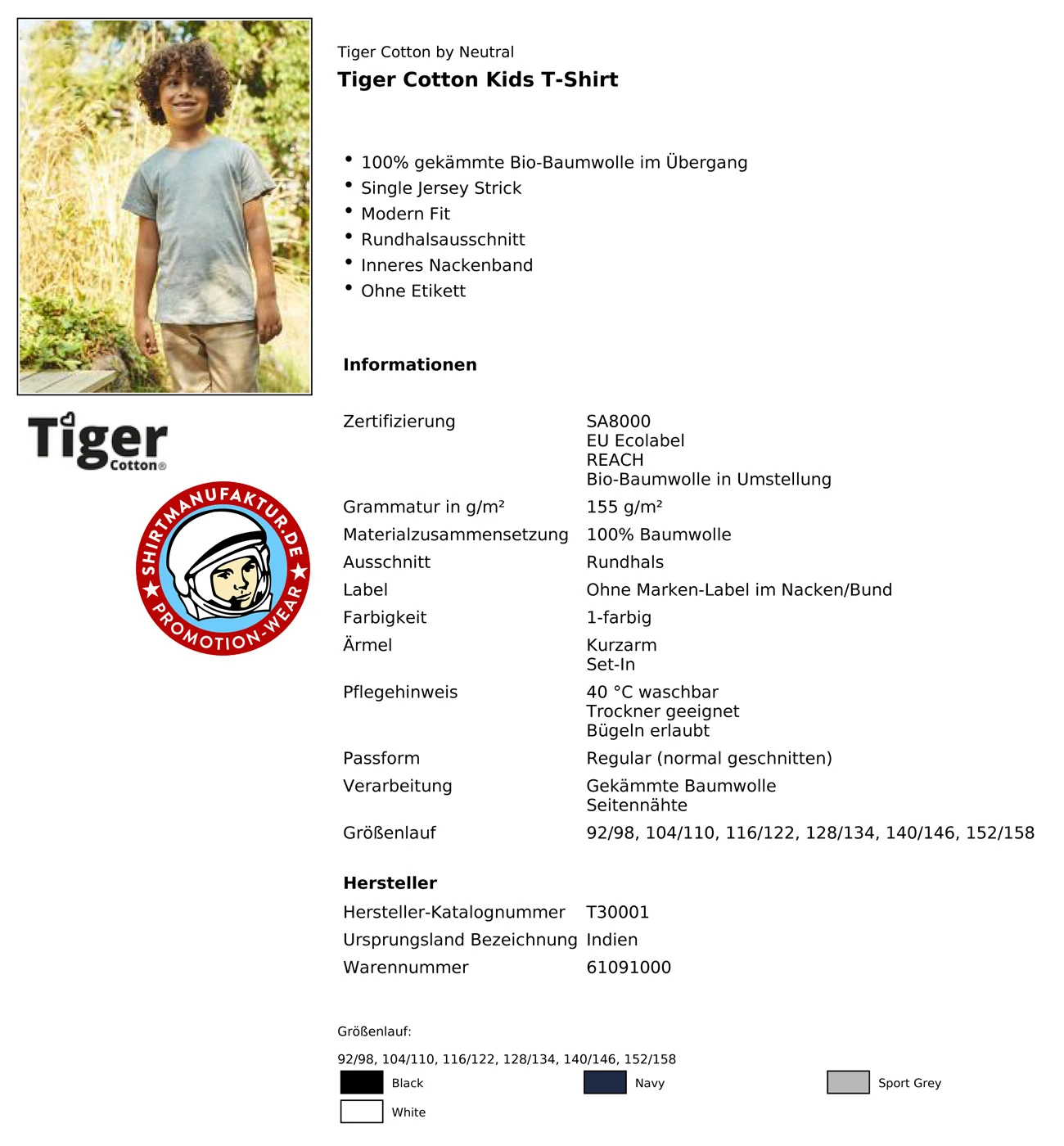 Neutral Tiger Cotton Kids T-Shirt