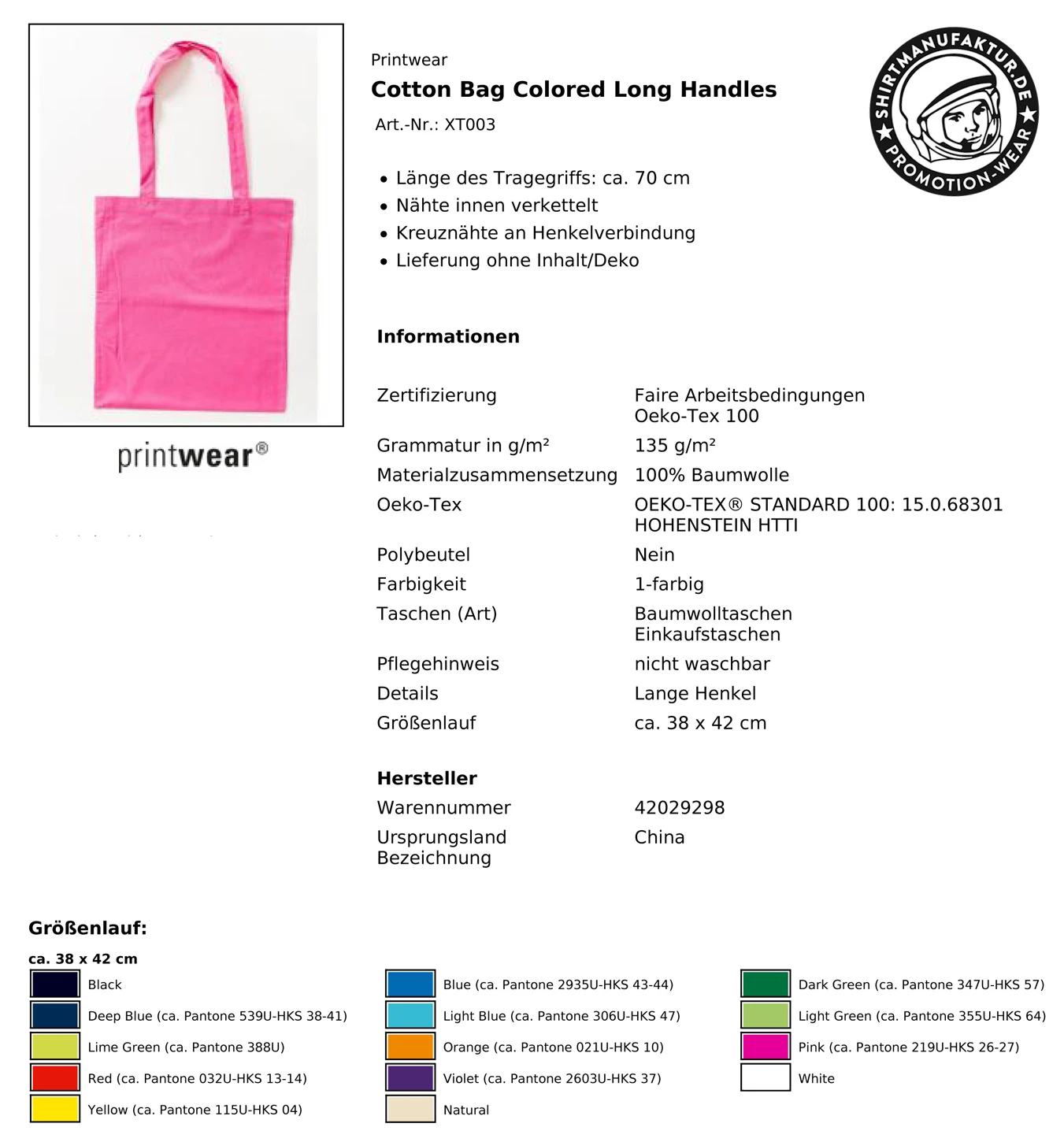 datenblatt für die stofftasche XT003 von printwear