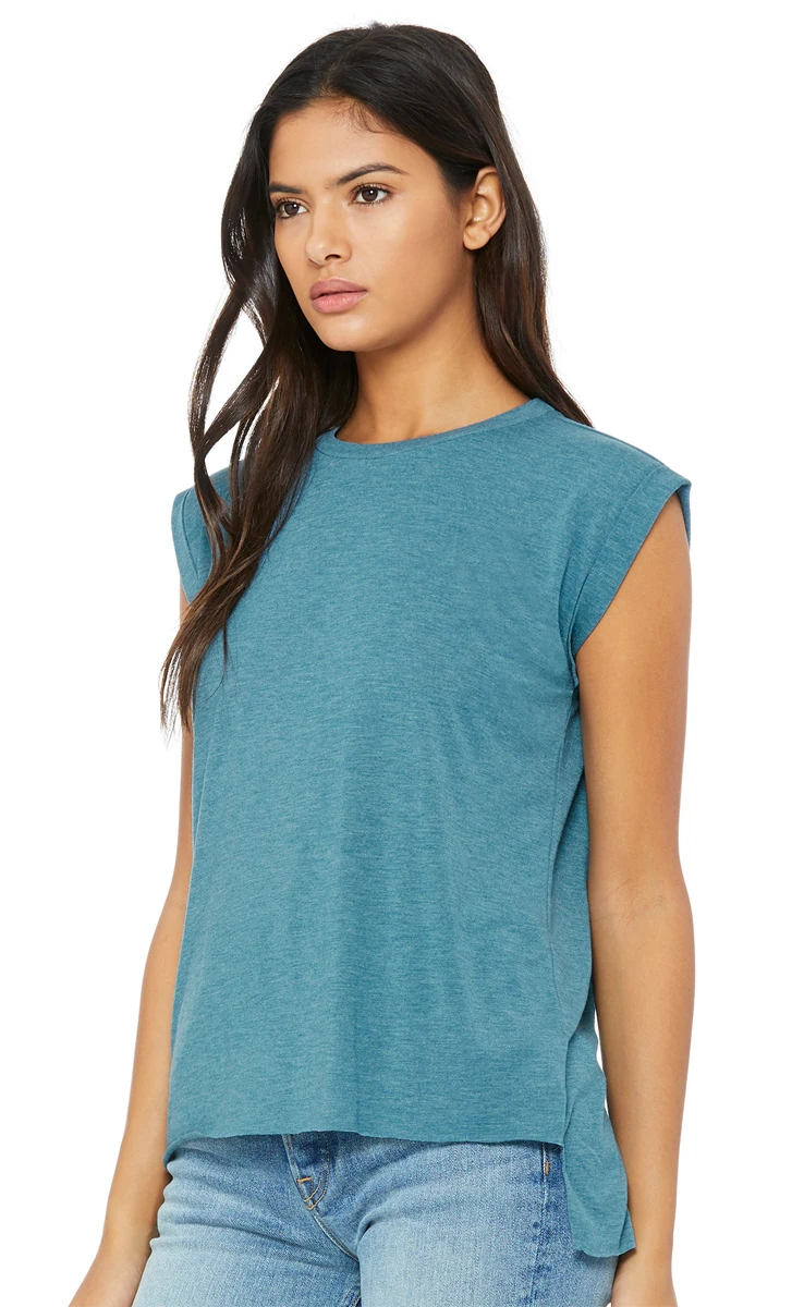 Bella Womens Flowy Muscle Tee With Rolled Cuff