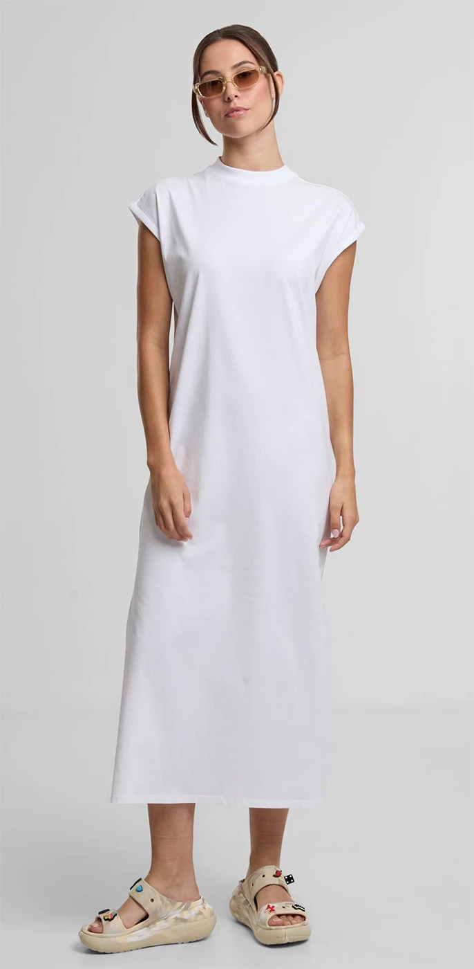 Build Your Brand Ladies Long Extended Shoulder Dress