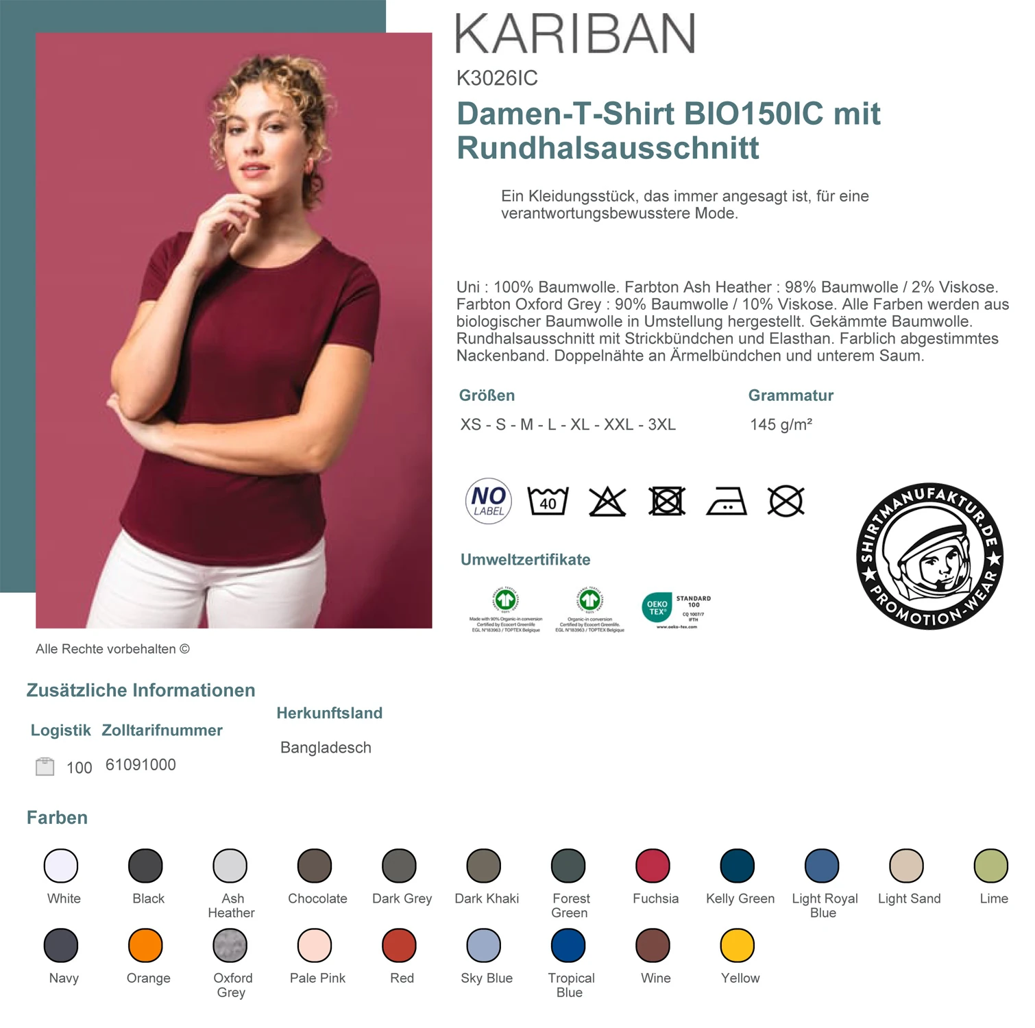 Kariban Ladies Organic T-Shirt 150 IC