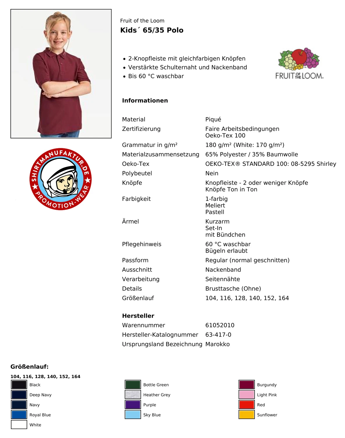 Fruit of the Loom Kids 65/35 Polo