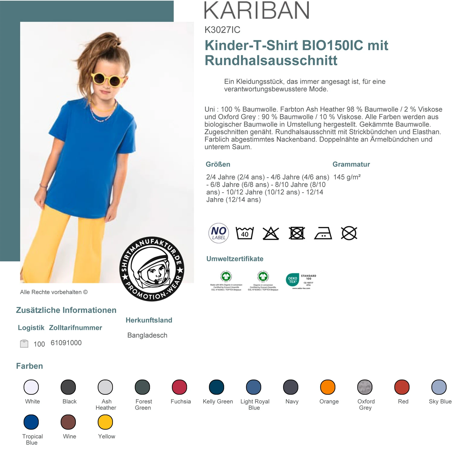 Kariban Kids Organic T-Shirt 150 IC