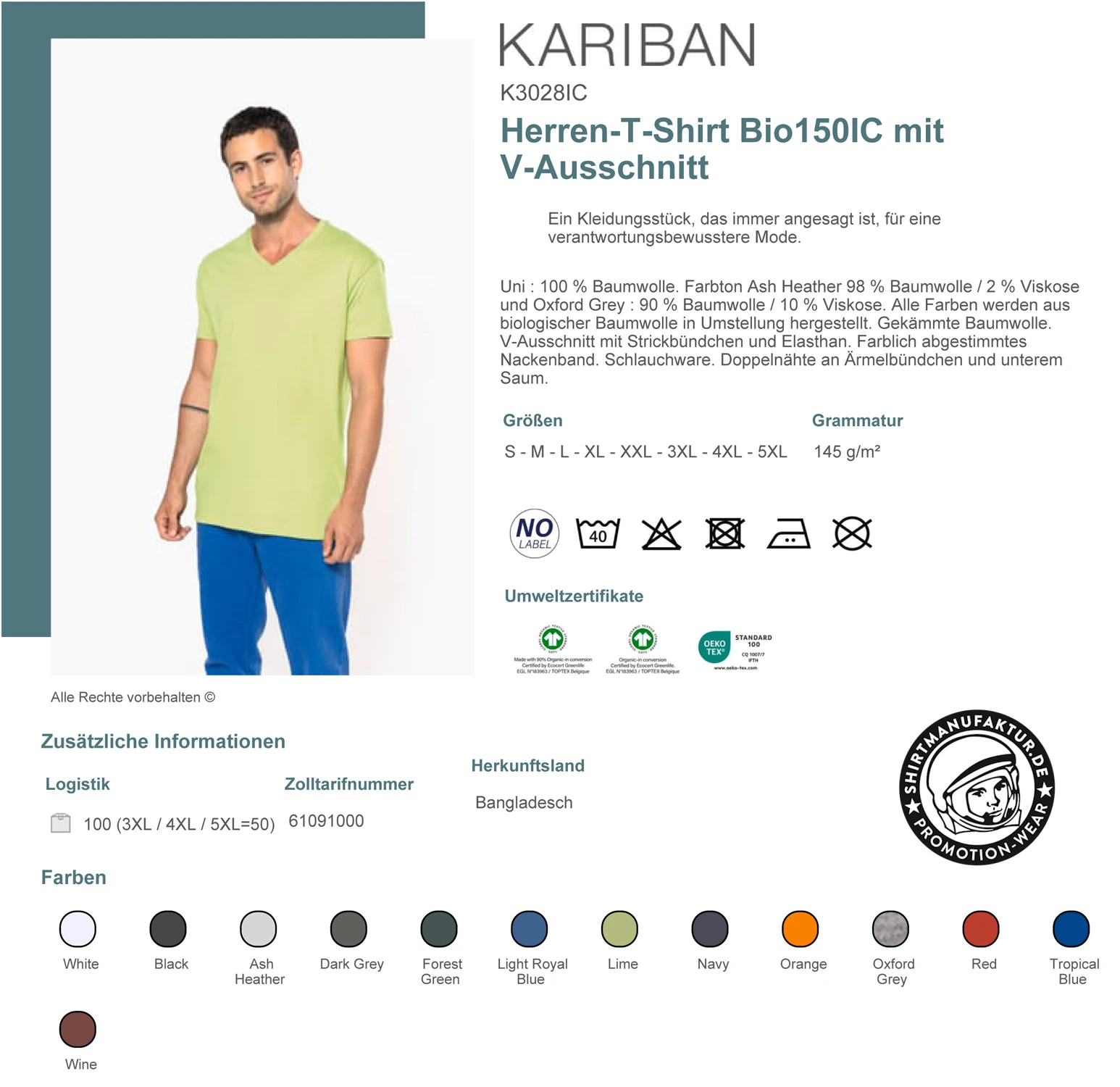 Kariban Organic V-Neck T-Shirt 150 IC