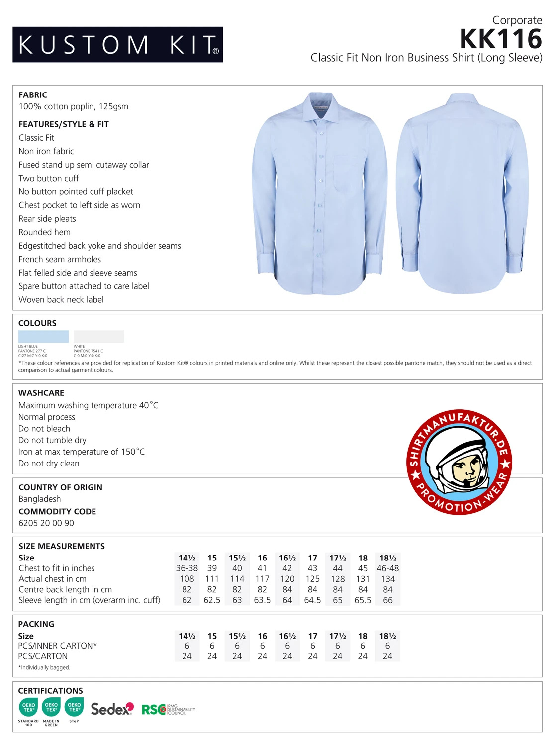 Kustom Kit Classic Fit Non Iron Shirt Longsleeve
