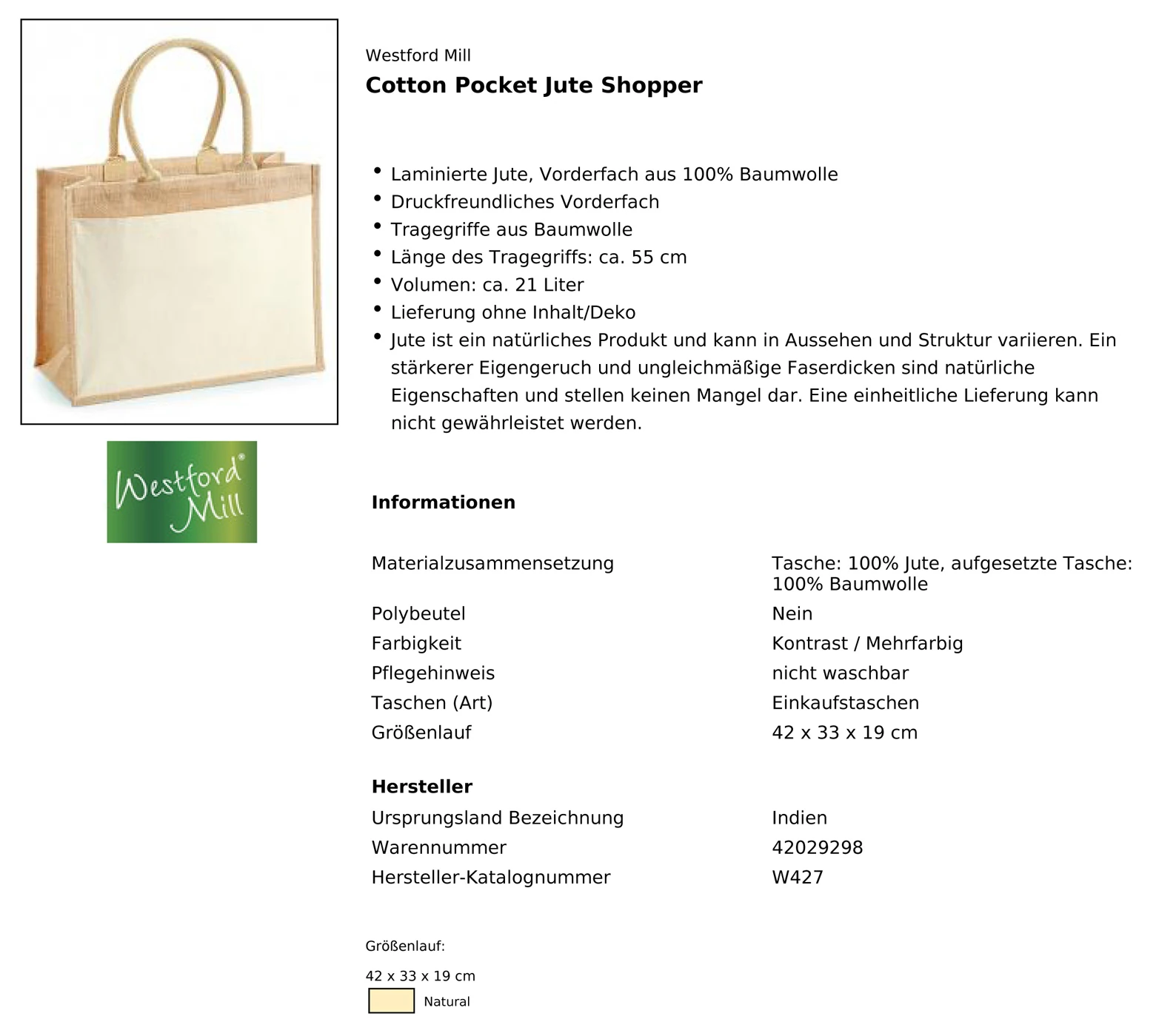 Westford Mill Cotton Pocket Jute Shopper