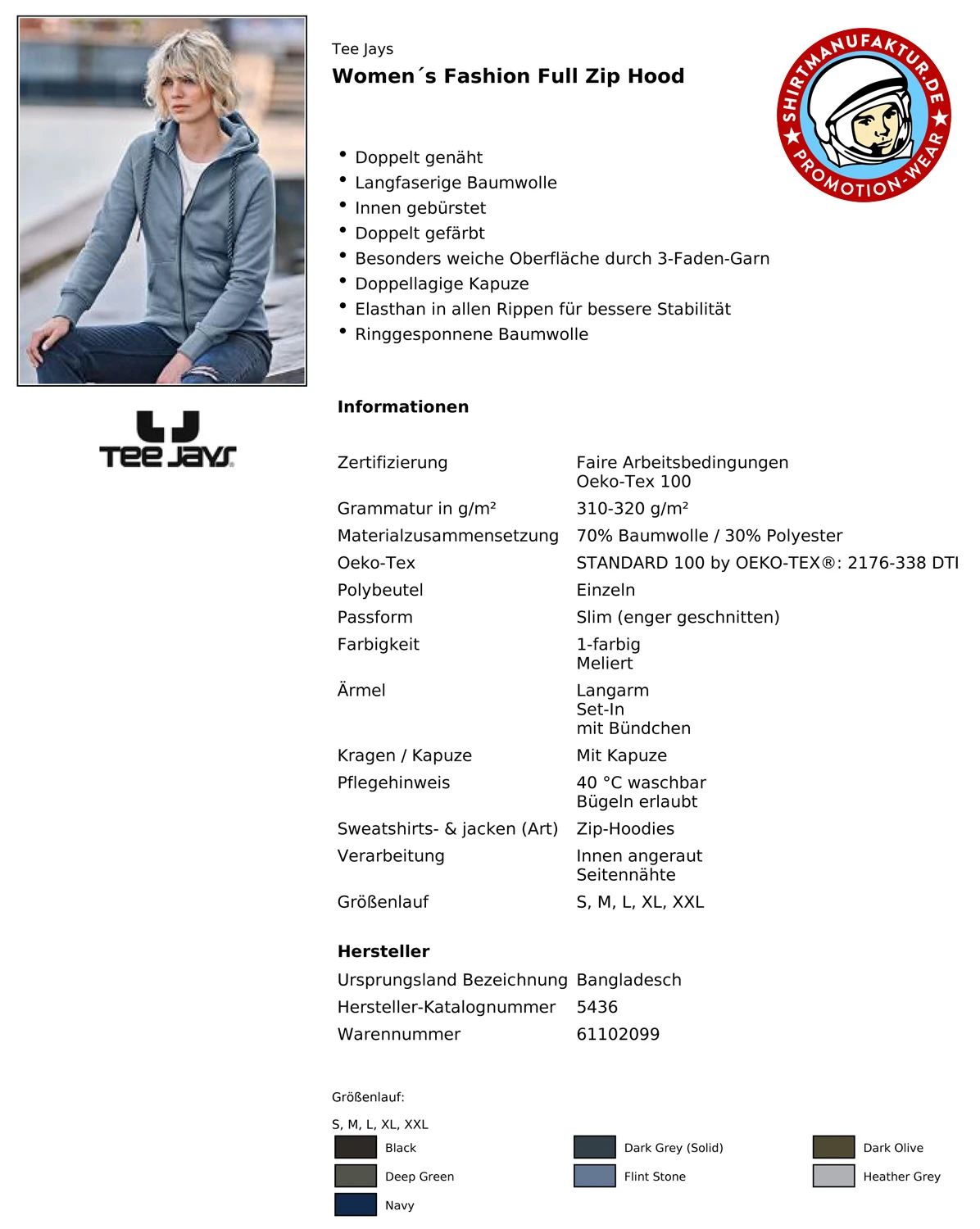 Tee Jays Womens Fashion Full Zip Hood