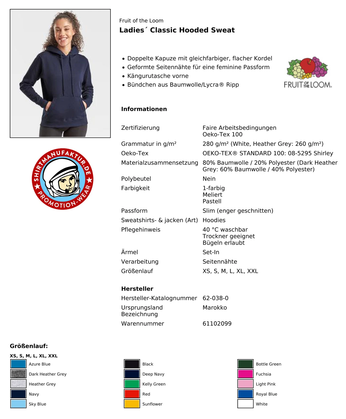 Fruit of the Loom Ladies Classic Hooded Sweat 