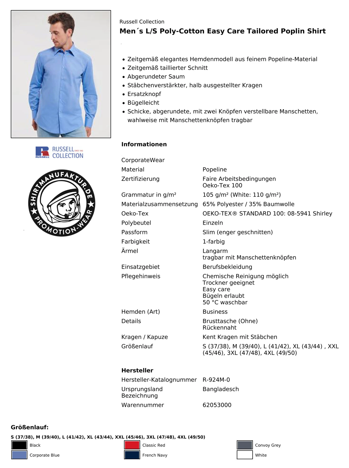 Russell Mens Poly-Cotton Tailored Longsleeve Poplin Shirt