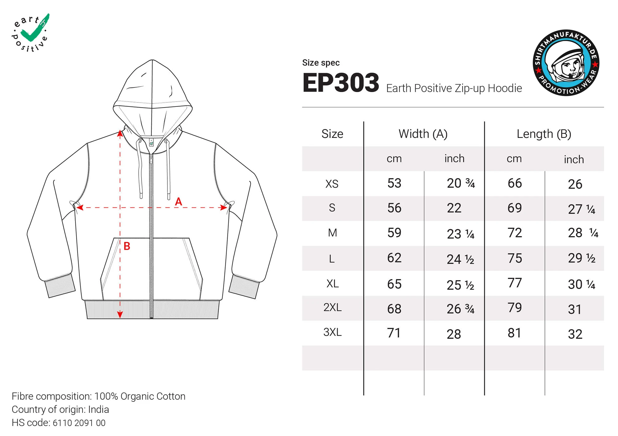 größentabelle für die Kapuzenjacke EP303 von Earth Positive