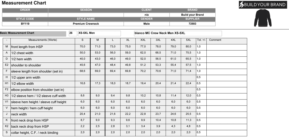 Build Your Brand, Premium Sweater BY119, Size-Chart