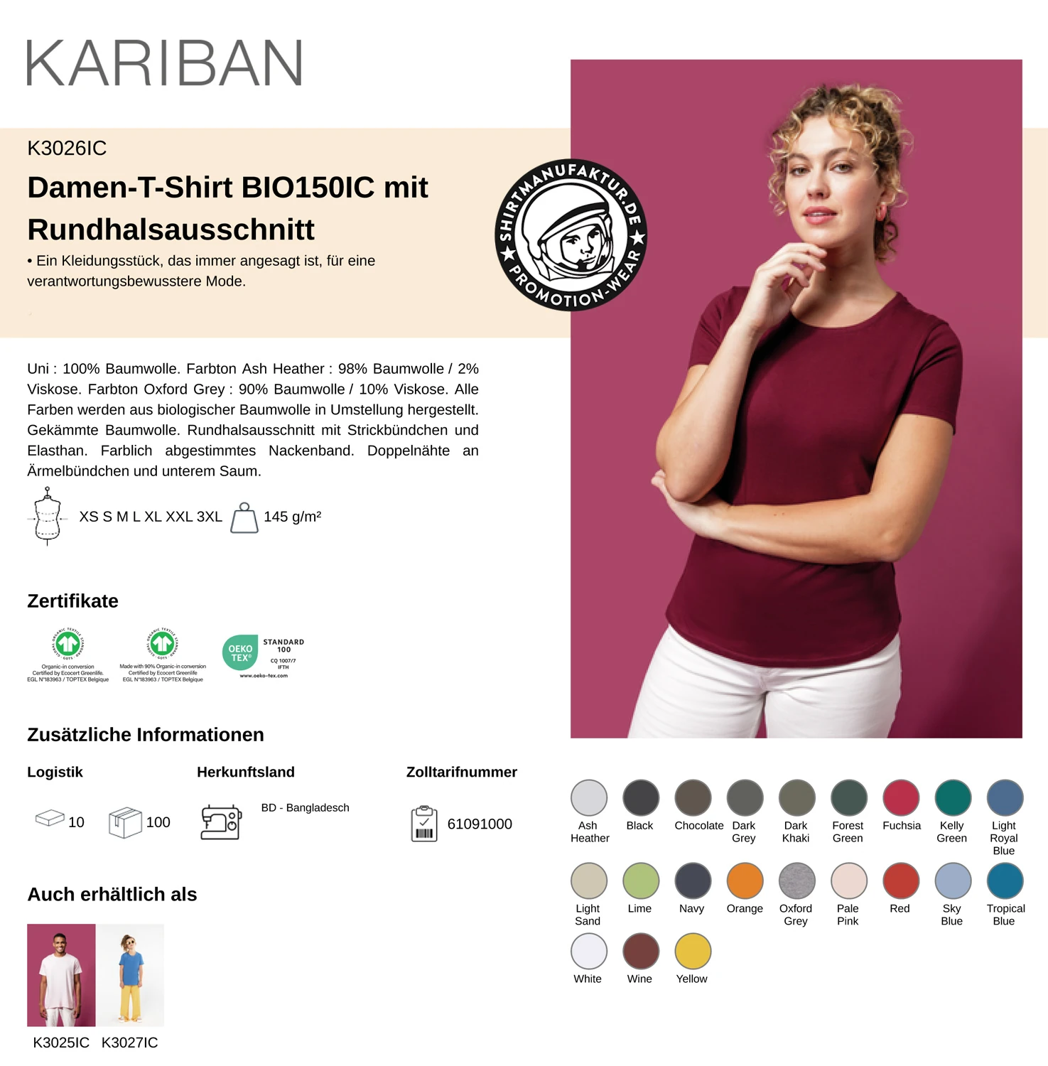 Kariban Ladies Organic T-Shirt 150 IC