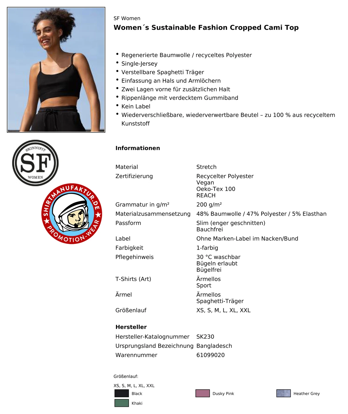 SkinniFit Womens Sustainable Fashion Cropped Cami Top