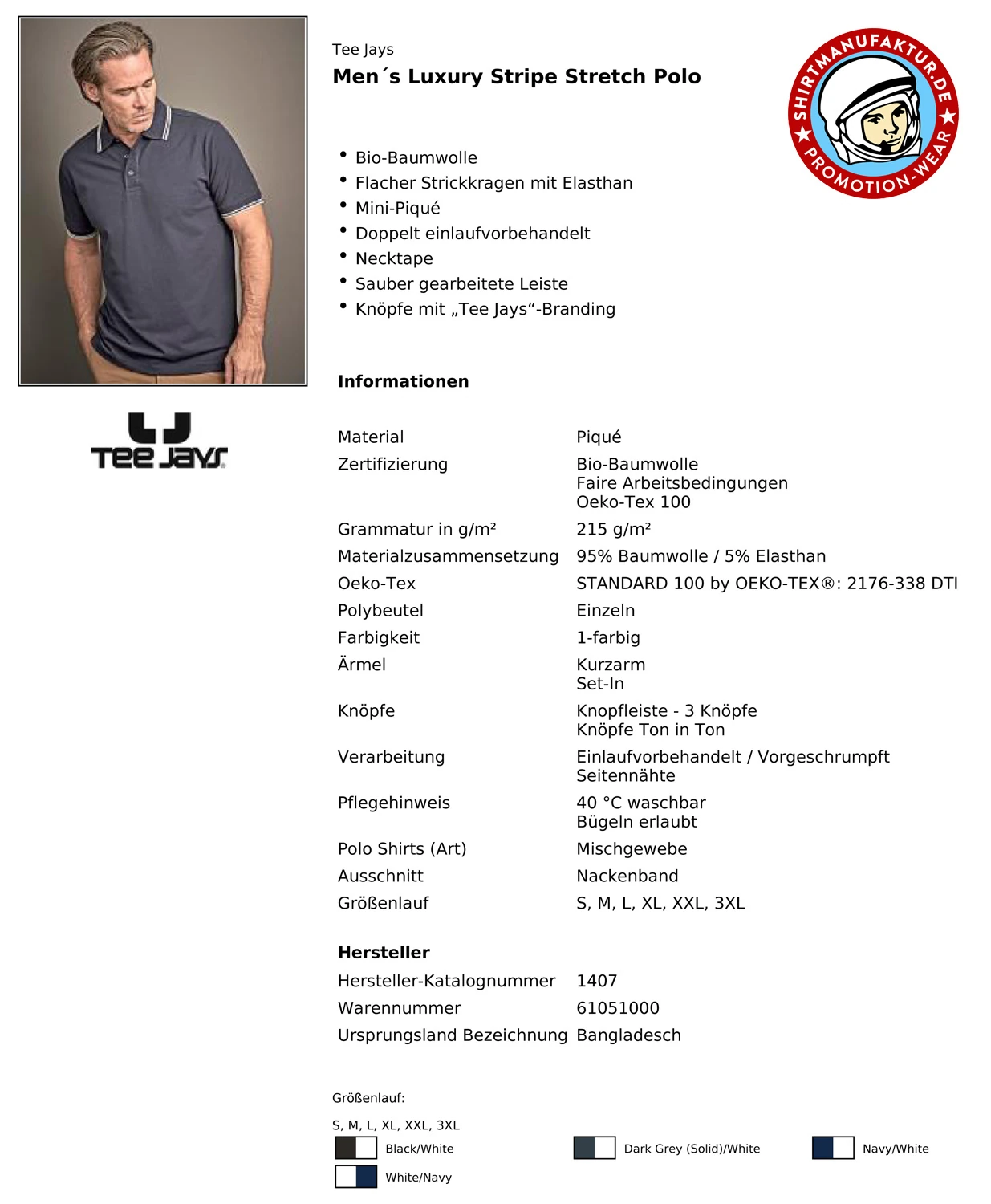 Tee Jays Mens Luxury Stripe Stretch Polo