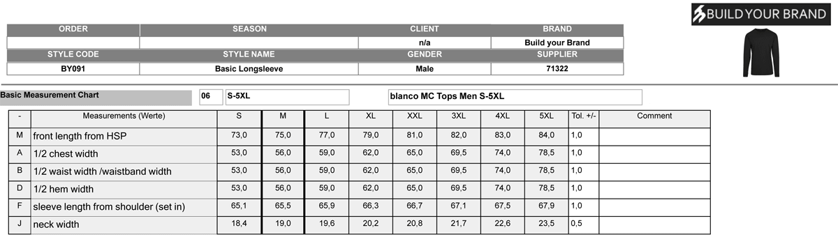 Build Your Brand, Longsleeve BY091, Size-Chart