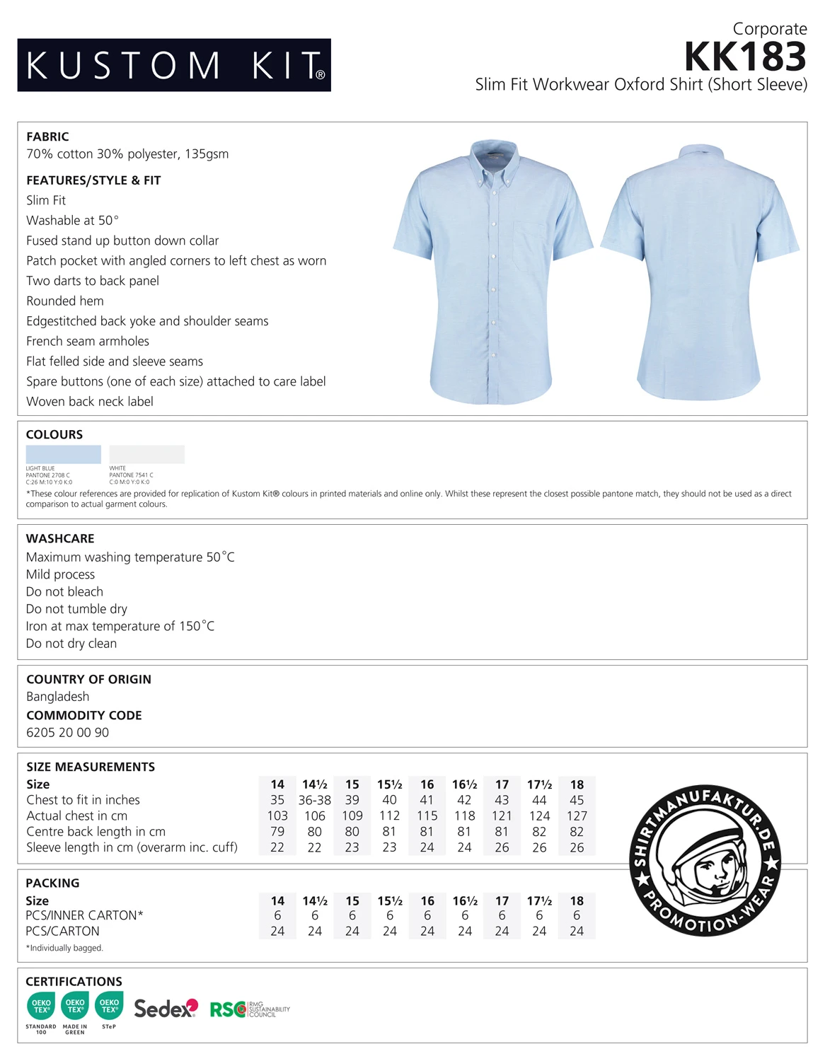 Kustom Kit Slim Fit Workwear Oxford Shirt