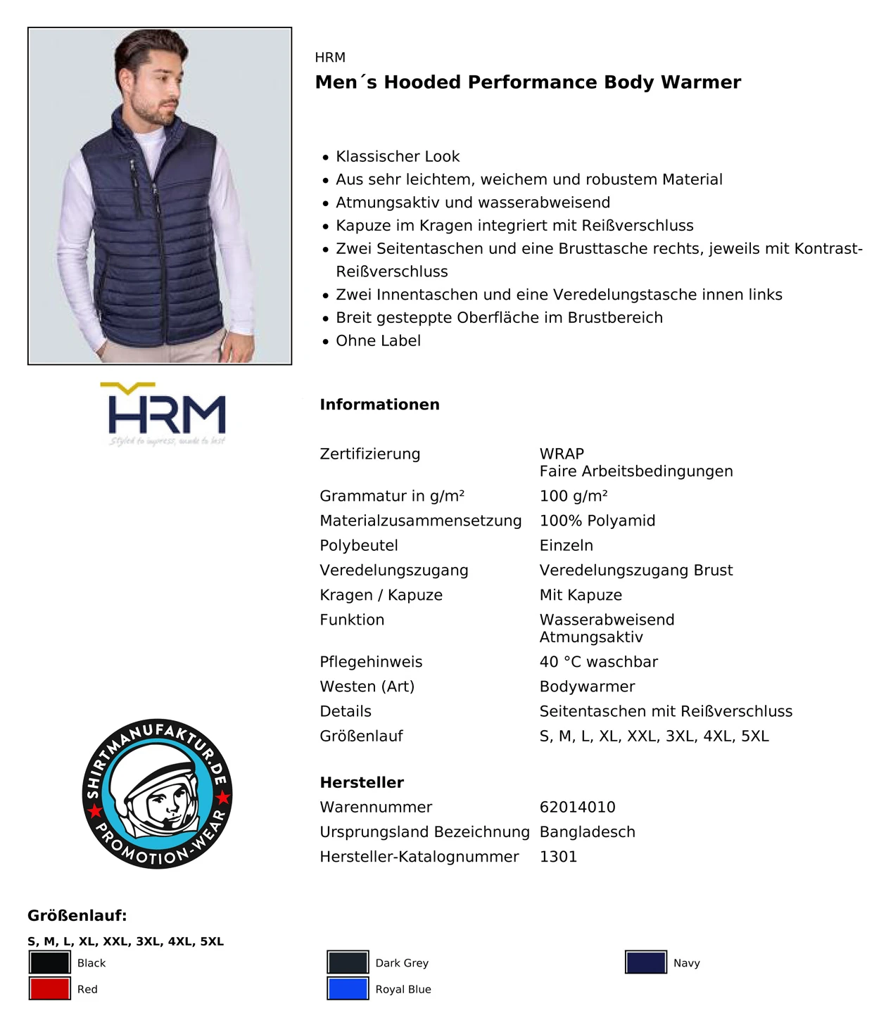 HRM Mens Hooded Performance Bodywarmer