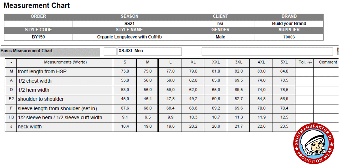 Build Your Brand, Organic Longsleeve BY150, Size-Chart