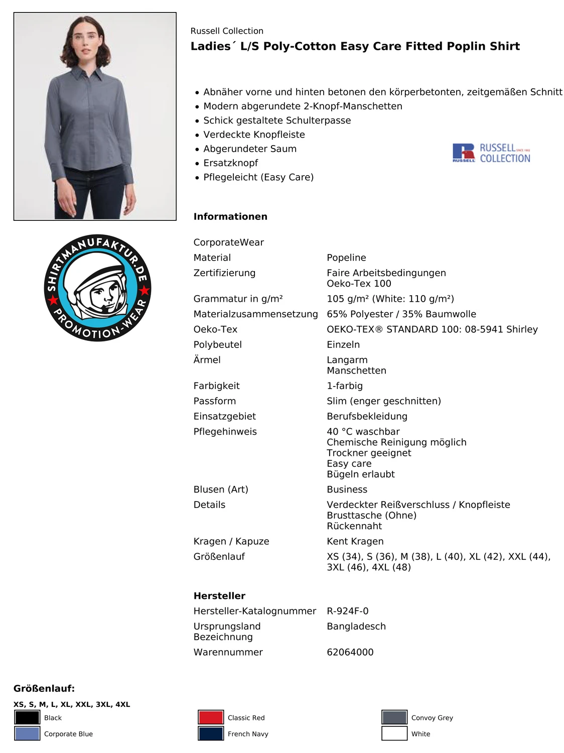 Russell Ladies Poly-Cotton Fitted Longsleeve Poplin Blouse