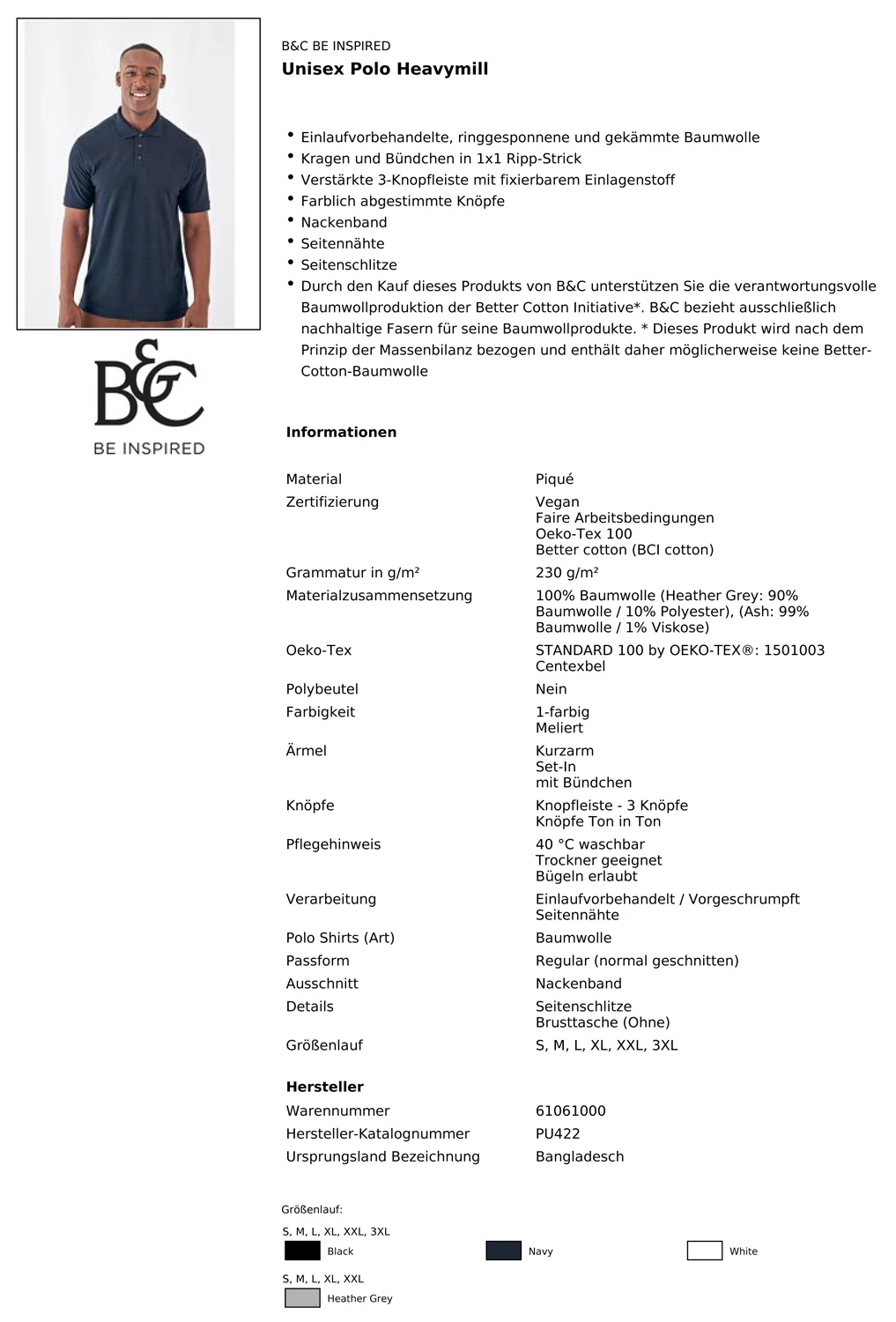 B&C Unisex Polo Heavymill