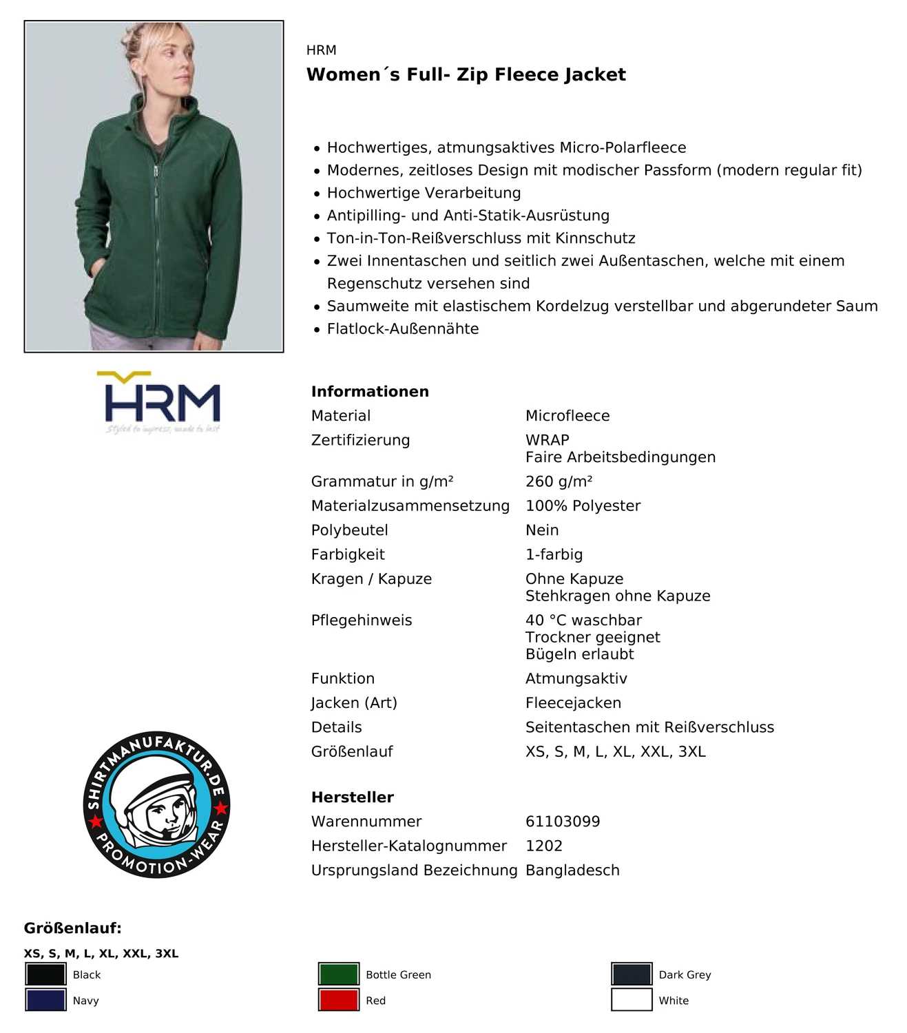 HRM Womens Full-Zip Fleece Jacket