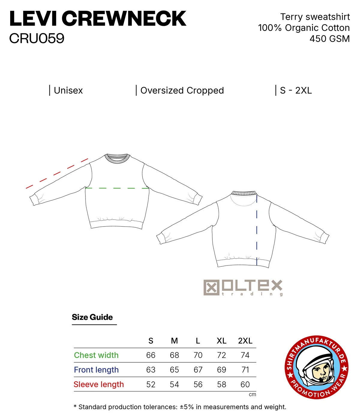 masstabelle für das oltex-sweatshirt levi CRU059
