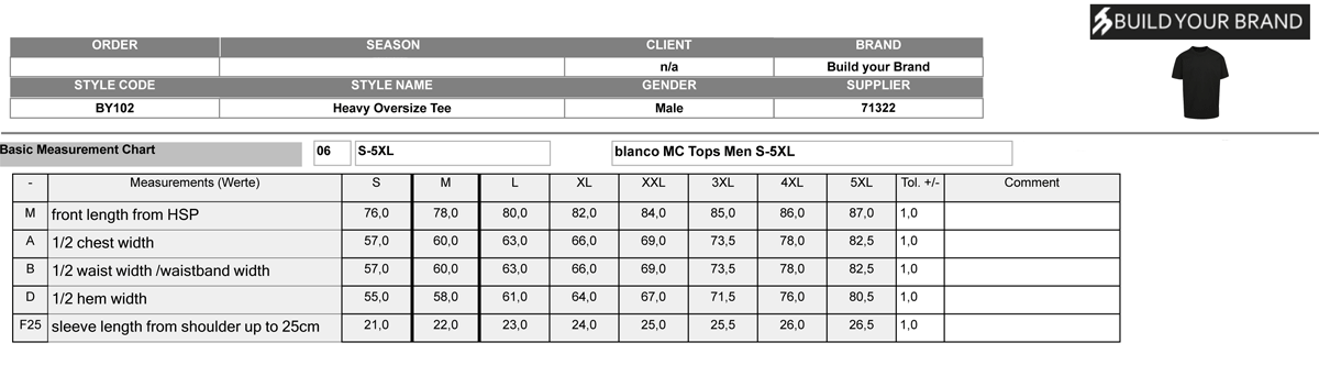 Build Your Brand, Heavy Oversize Tee BY102, Size-Chart