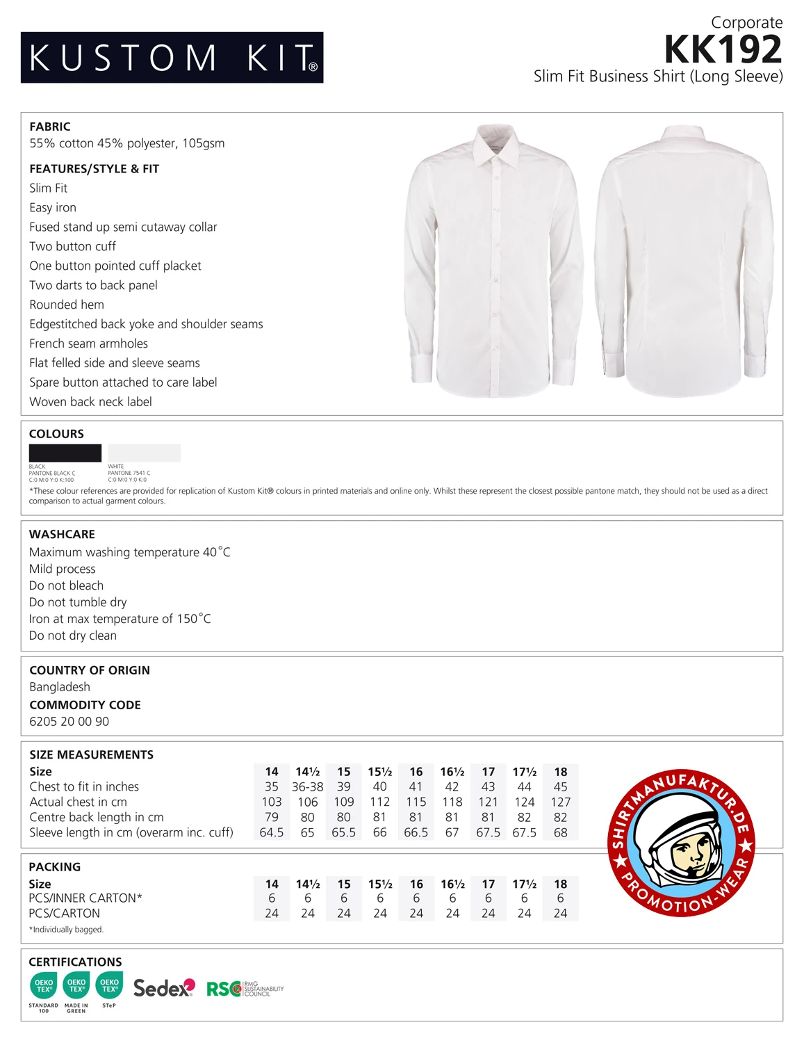 Kustom Kit Slim Fit Business Shirt Longsleeve