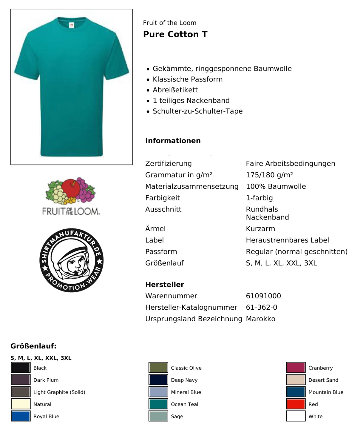 Fruit of the Loom Pure Cotton T