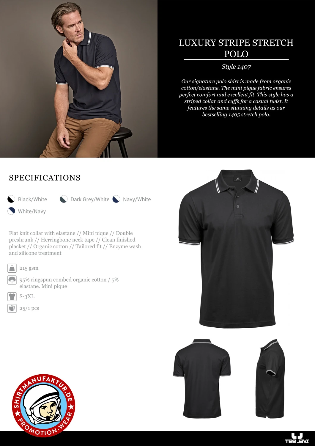 Tee Jays Mens Luxury Stripe Stretch Polo