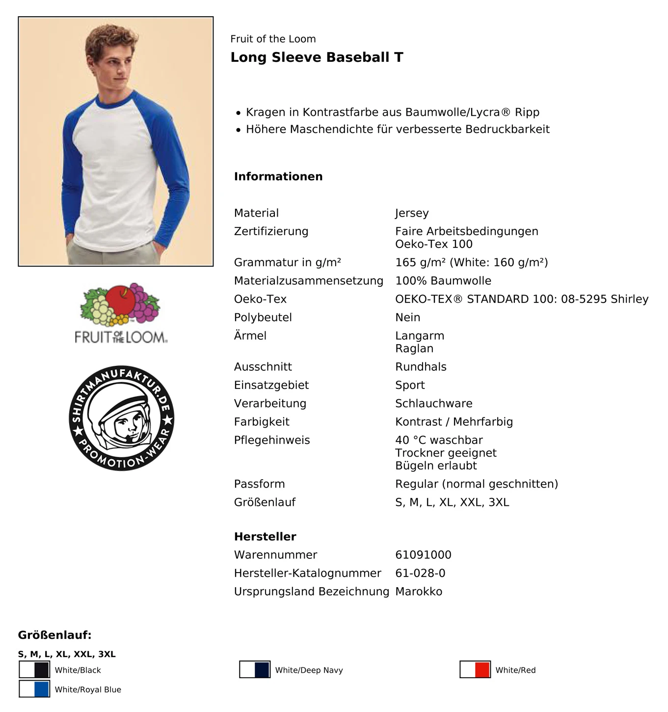 Fruit of the Loom Valueweight Longsleeve Baseball 