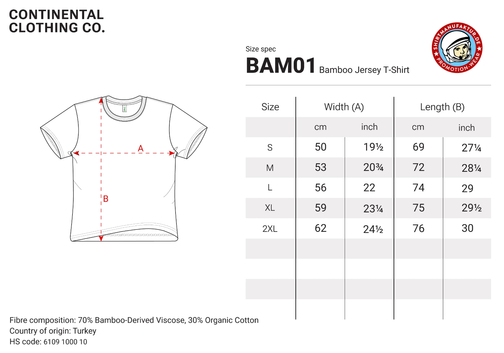 BAM01, bambus t-shirt größentabelle