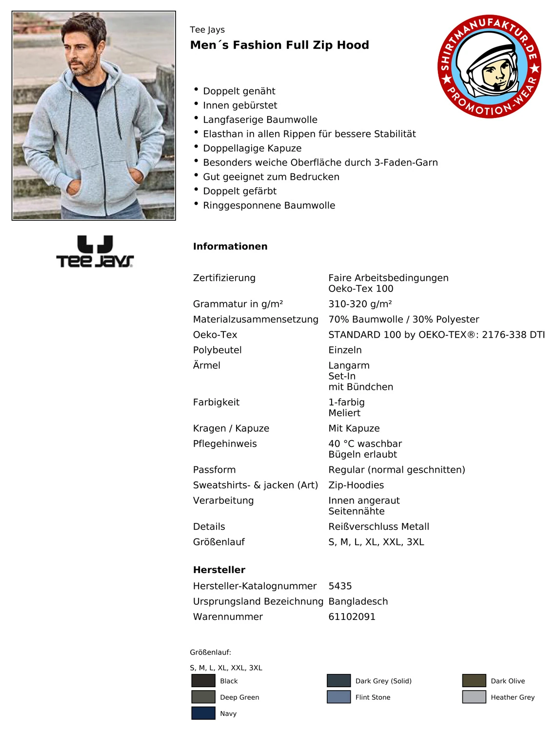 Tee Jays Mens Fashion Full Zip Hood