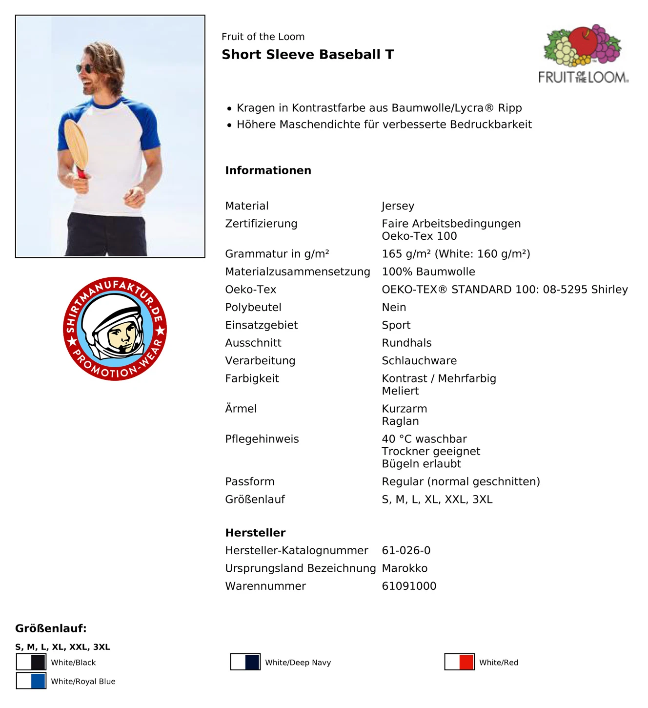 Fruit of the Loom Valueweight Short Sleeve Baseball T