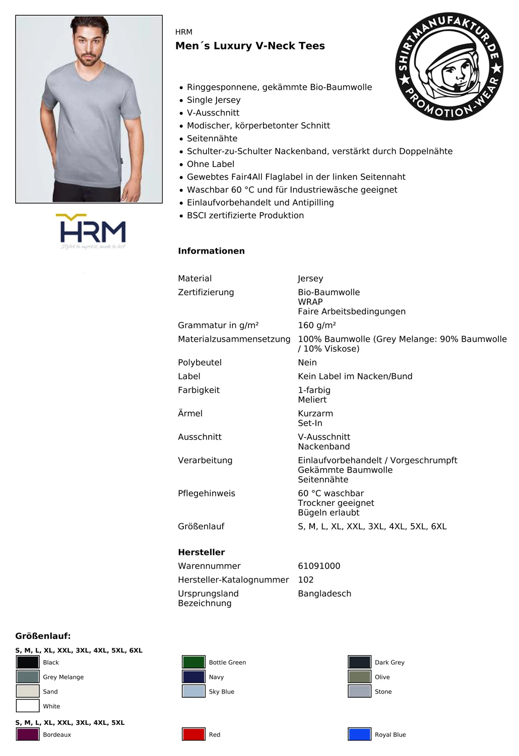 HRM Mens Luxury V-Neck Tee