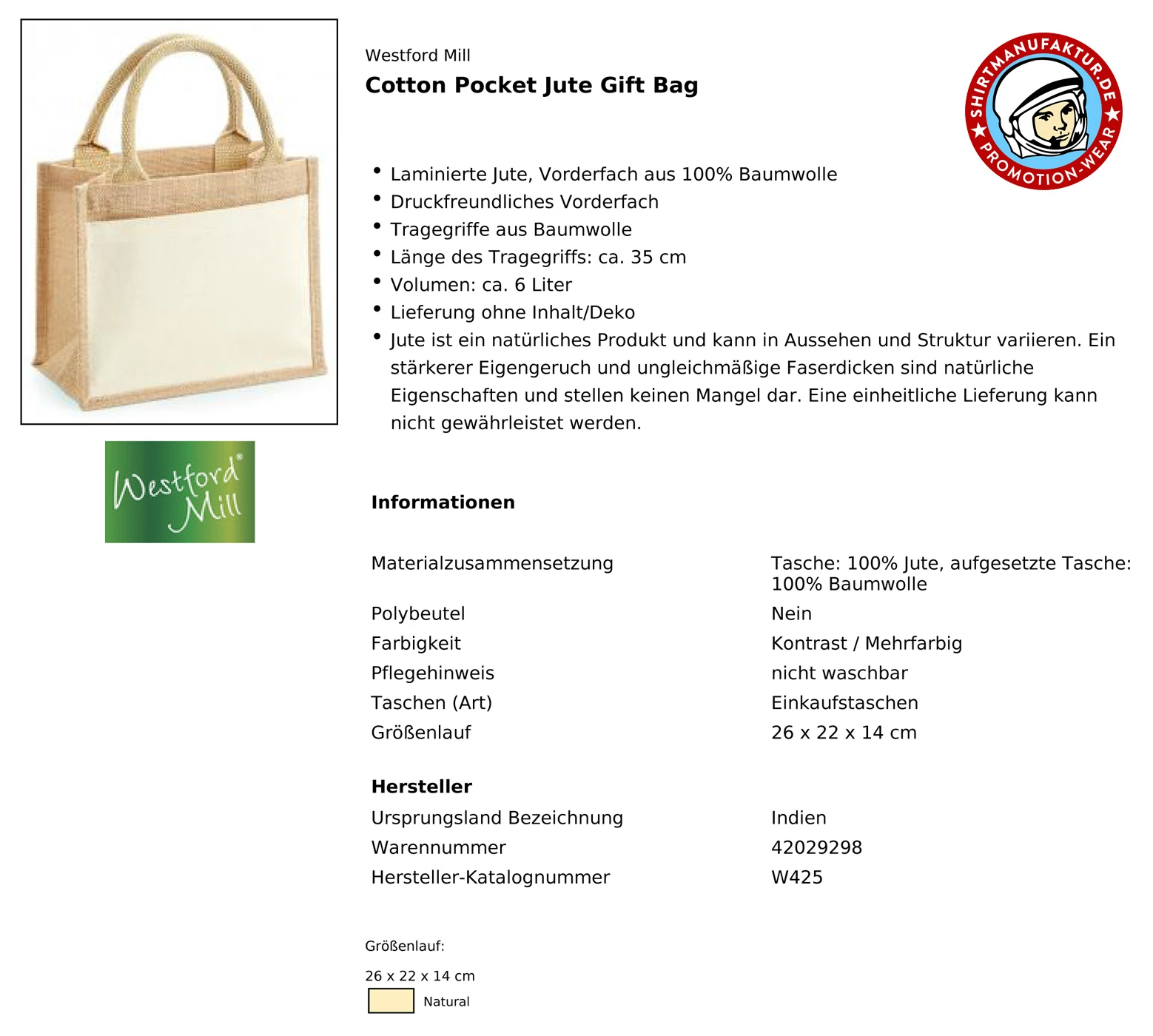 Westford Mill Cotton Pocket Jute Gift Bag