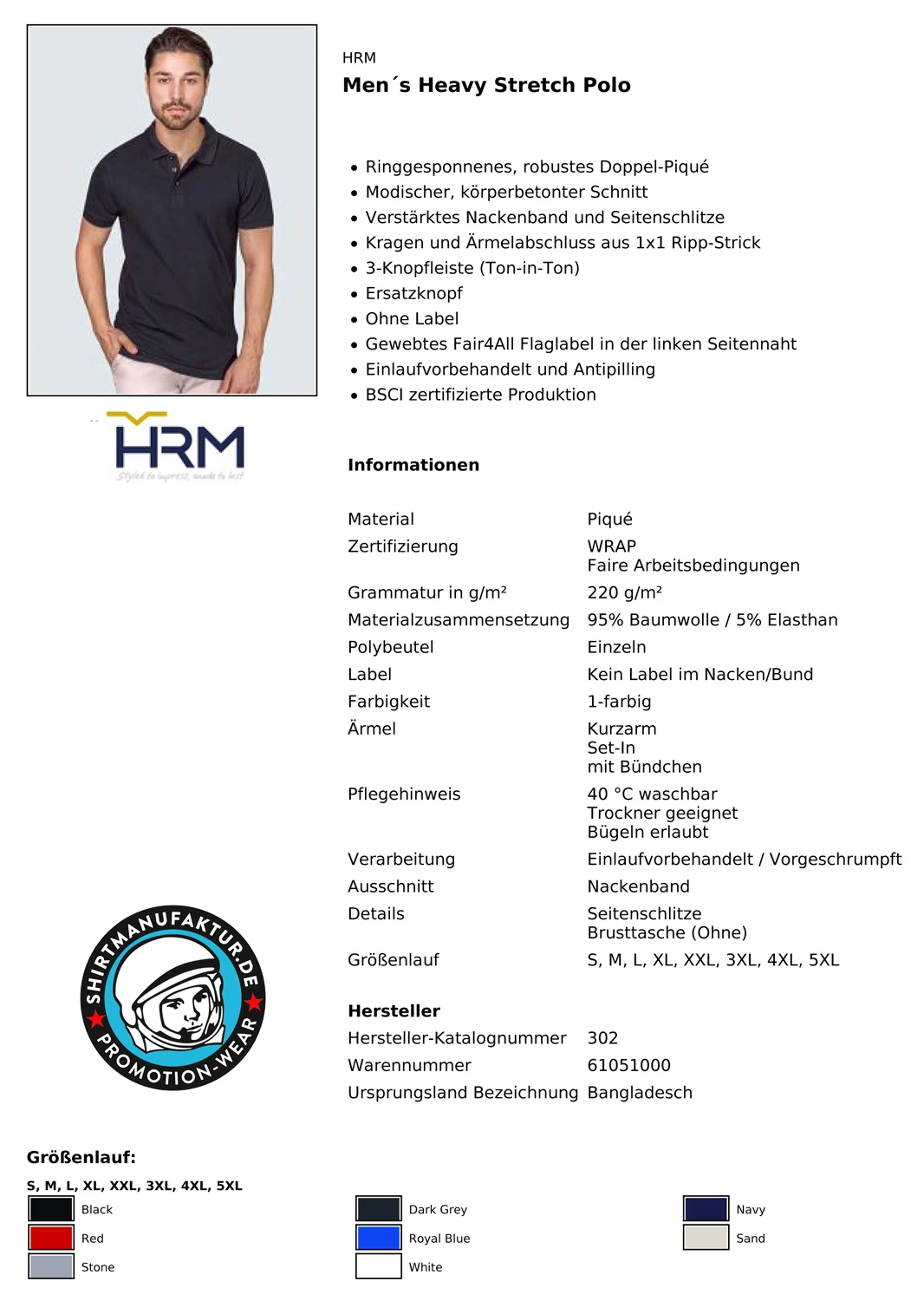 HRM Mens Heavy Stretch Polo