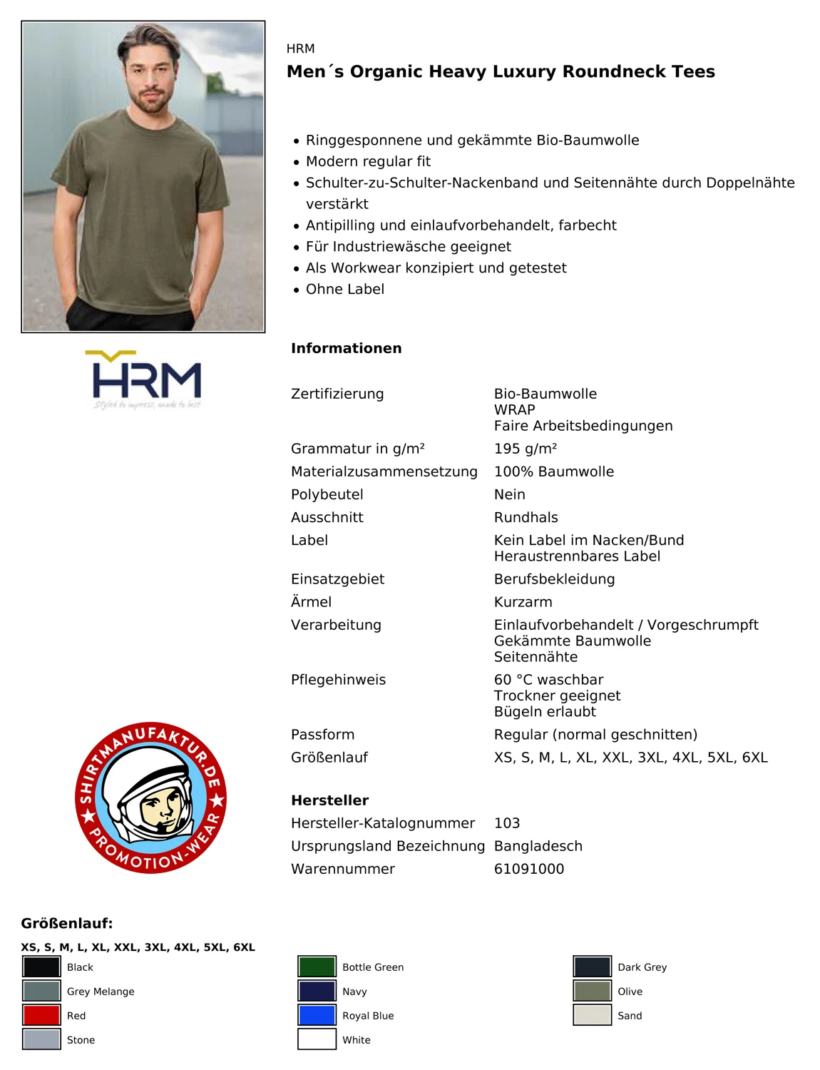 HRM Mens Organic Heavy Luxury Tee